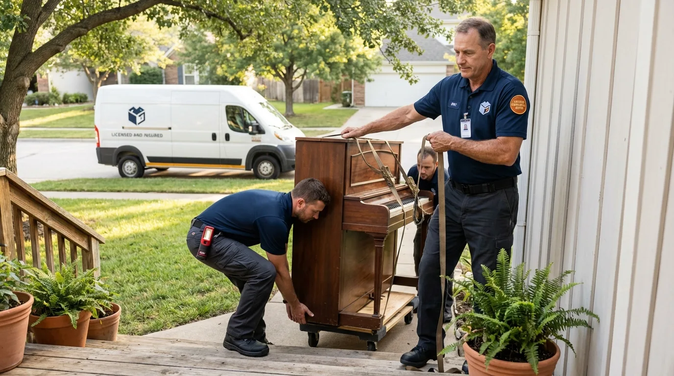 Licensed piano movers securing grand piano in Christiana, TN
