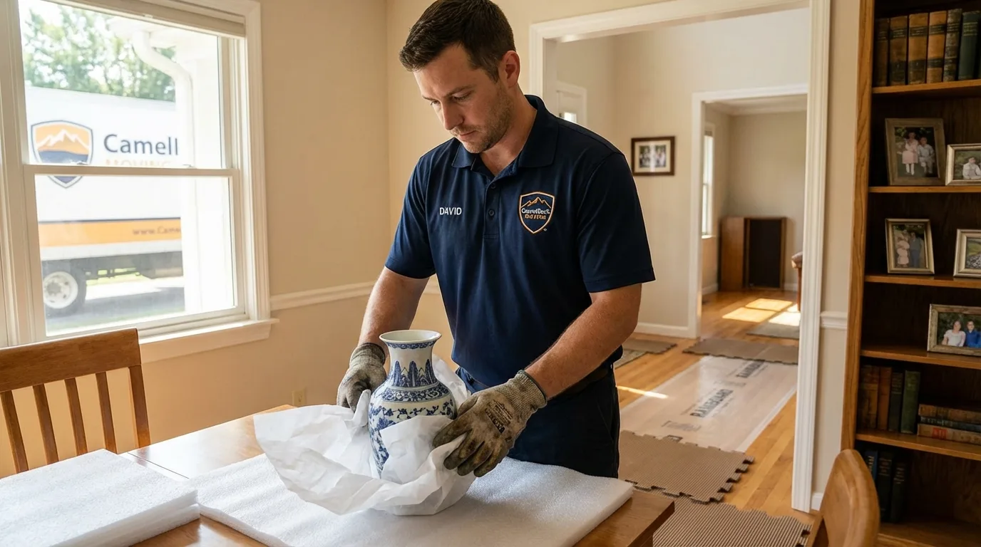 Professional crew carefully wrapping antique vase for senior downsizing move in Christiana, TN